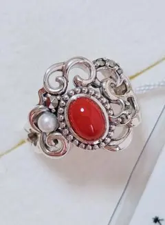 未使用品 碌山 赤珊瑚 シルバー リング