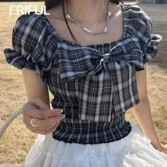 SHEIN FRIFUL チェック柄 リボン スクエアネック 半袖 トップスのサムネイル