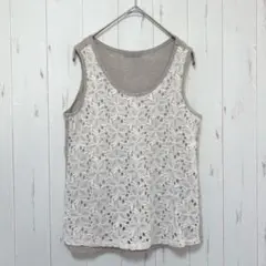 Y389 K.T LINO 麻　リネン混　レースタンクトップス　ノースリーブ