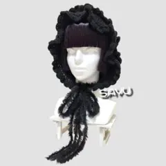 ボンネット　猫耳ニット帽　ハンドメイド　ゴスロリ　ロリータ　サブカル系　黒