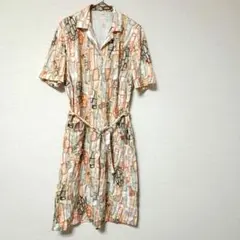 幾何学模様 半袖シャツワンピース オレンジ 春夏 昭和レトロ ウエストリボン