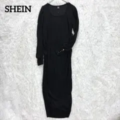 SHEIN ロングワンピース　ブラック　リブ　金ボタン　クチュール　シンプル