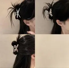 クロスデザイン ヘアクリップ シルバー メタリック3個