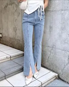 INGNI デニム キラキラ メタル付フロントスリットハイウエストフレアパンツ