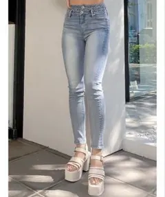 GYDA ハイウエスト ダブルウエスト レースアップデニムスキニーパンツ