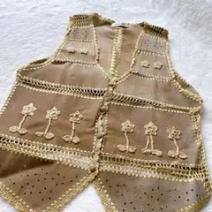 豚革ベスト　金花刺繍 ベージュ ベスト　アンティーク　60年代