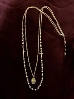 パールと十字架の2連ネックレス　ゴールド