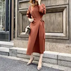GU ロングワンピース ウエストマークワンピース 長袖 ミモレ丈　新品　L
