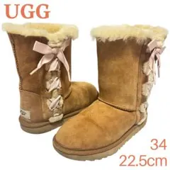 UGG　アグ　ムートン　ブーツ　34　22.5cm　ベージュ　リボン　ピンク