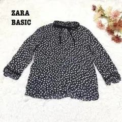 s.1355【ザラベーシック】長袖 ブラウス ネックリボン 花柄 ブラック系 M
