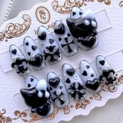 ネイルチップ 量産型 地雷 サブカル 天使界隈 水色 青 黒 黒 十字架 ハート