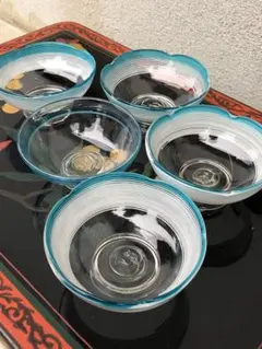 氷コップ 大正 吹きガラス ブルーに白い螺旋文様 ガラス鉢 氷カップ レトロ