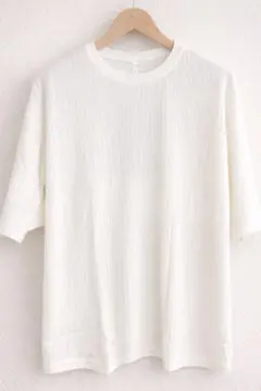 サマーニット 半袖 L 白 リブ編み クルーネック 軽量 涼感