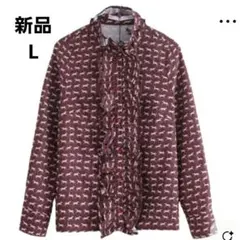 タグ付き ホース柄フリル付き長袖シャツ バーガンディ L