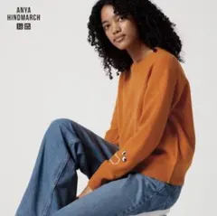 美品 UNIQLO アニヤ プレミアムラムクルーネックセーター　Ｌ　オレンジ