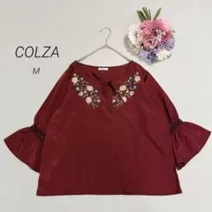 【コルザ】花柄刺繍　ボリューム袖　7分袖ブラウス　大人可愛い　華やか　ボルドーM