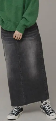 ダークグレー デニムロングスカート フリンジ裾