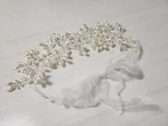 リボンカチューシャ　ヘッドドレス　パール&クリスタル