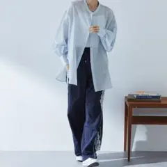 新品MONO-MART シアーボリュームスリーブバンドカラー水色 長袖シャツ