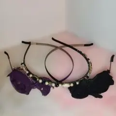 紫の花モチーフ＆ビジュヘアバンド３点セット
