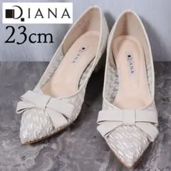 【極美品】DIANA ダイアナ 23 パンプス 千鳥柄 レース リボン 白