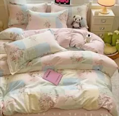 新品★パステル薔薇ブロック柄マーガレット綿100%シングルセット枕カバー２枚付き