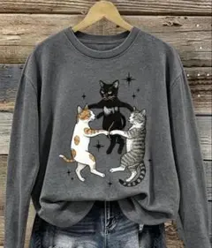 고양이 인쇄 긴팔 티셔츠 그레이 XL 검은 고양이 호랑이 고양이 사바트라 사이좋은 고양이