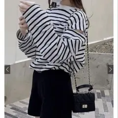 GRL ボーダー柄ショルダースリットルーズトップス[fo1647]