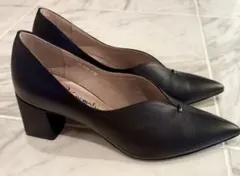 【銀座かねまつ】ブラック ポインテッドトゥパンプス 中ヒール