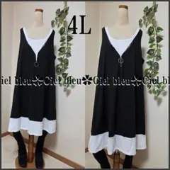 4L ★春**人気ハイカラジッパー付きワンピーブラック&ホワイト*大きいサイズ