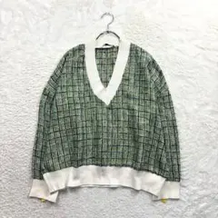 ❤️ザラ/L/緑/チェック柄/プルオーバー/セーター/Vネック/長袖/男女兼用