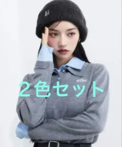 エイミーイストワール　ダブルカラーデザインニット　グレー　ピンク