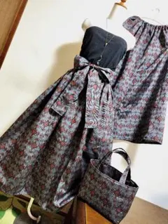 1887　大島紬リメイク☆ギャザースカート+ガウチョパンツ＆トートバッグストール