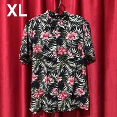 【Roushatte】総柄アロハシャツXLネイビー　半袖ハイビスカス夏服アメカジのサムネイル