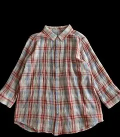 美品！綿麻チェックブラウス　七～八分袖　薄地