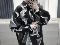 長袖 シャツ 柄シャツ ルーズフィット カジュアルシャツ ブラック XLサイズ