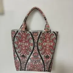 帯リメイク　花柄トートバッグ 中型 赤黒