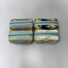 ハンドメイド ミモザ柄 ミニポーチ 4個セット　ファスナーパステルブルー
