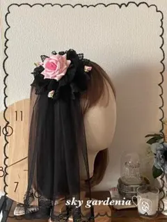 ♡ブラックダブルレース ピンク薔薇 甘ロリ円形ヘッドドレスクリスマス ロリータ♡