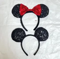 ディズニー　ミッキー　ミニー　スパンコール　カチューシャ　リボン　2点セット
