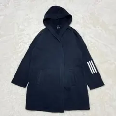 ◆アディダス　フーディ　ロングパーカー　コート　ガウン　ロゴ　刺繍　綿　黒　L