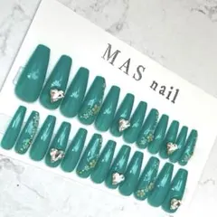 【処分セール】ネイルチップ グリーン ハート 小花 地雷系 ロング 全サイズ