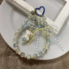 ビーズストラップ　ストラップ　キーホルダー　ビーズ　リボン　ブルー　黄色