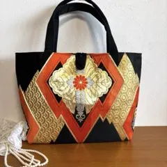 No.56 帯リメイクバック　刺繍入り幾何学模様トートバッグ