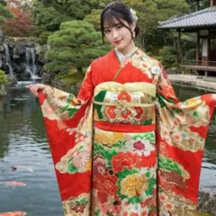 振袖　完全フルセット　24点　成人式　結婚式　前撮り　オレンジ　緑　刺繍