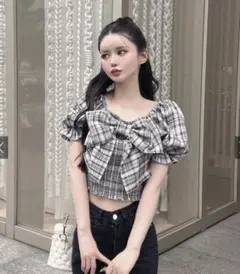 ビッグリボンチェック柄トップス　GRL