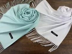 アウトレット2点セット カシミア 無地 大判 ストール ミントグリーン＆ホワイト