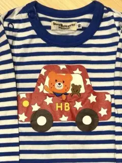 ミキハウスホットビスケッツ ロンパース80 男の子 青ボーダー 車 ビーンズくん