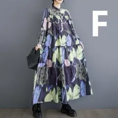 モード系 ロングワンピース Aライン 人柄 総柄 ブラック ゆったり　モノトーン