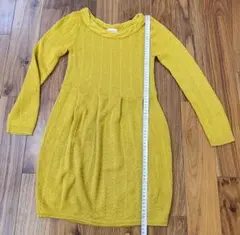 ニットワンピース マスタード フリーサイズ 長袖 ミディ丈